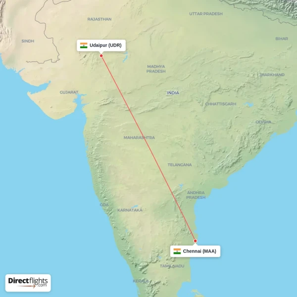 Chennai - Udaipur direct flight map