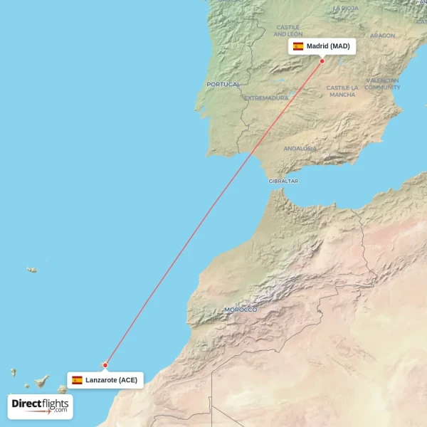 Madrid - Lanzarote direct flight map