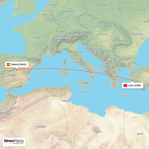 Madrid - Izmir direct flight map