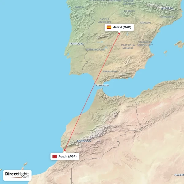 Madrid - Agadir direct flight map