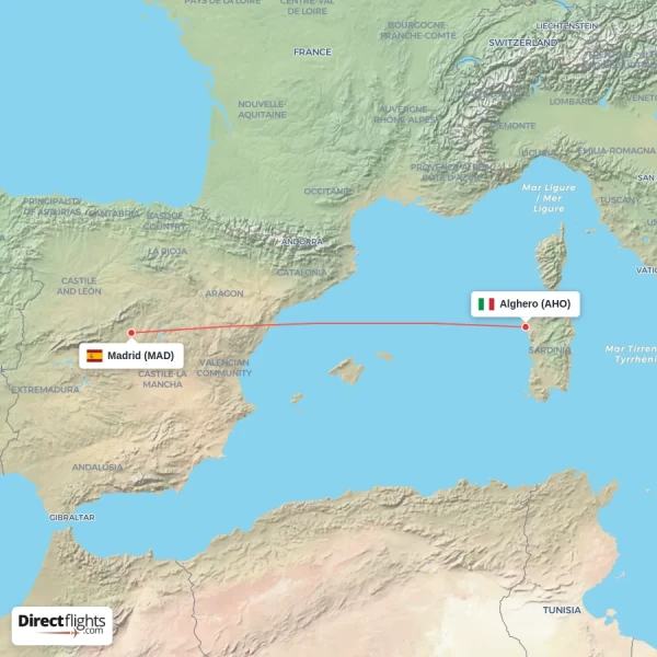 Madrid - Alghero direct flight map
