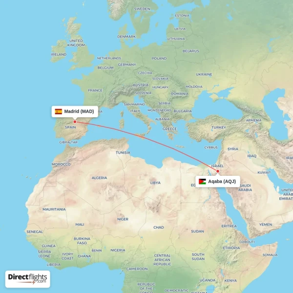 Madrid - Aqaba direct flight map