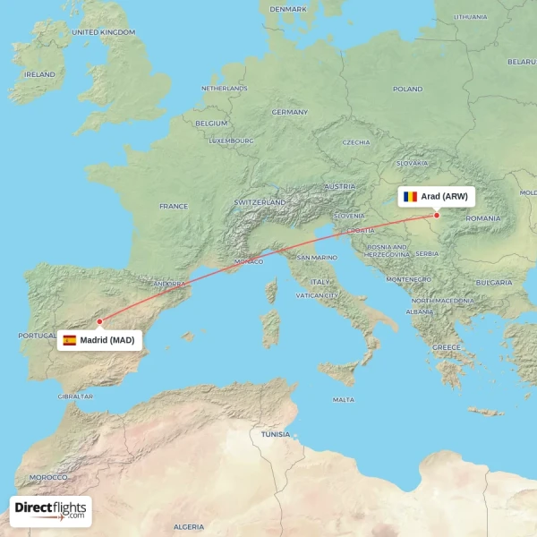 Madrid - Arad direct flight map