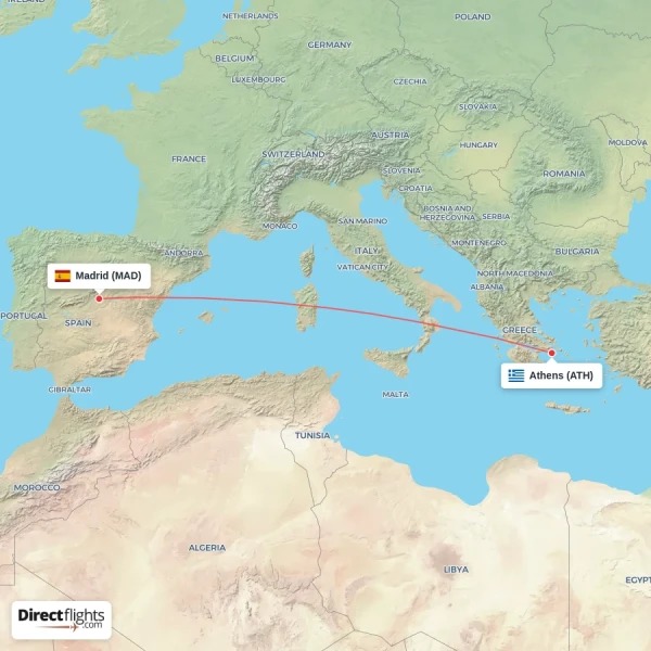 Madrid - Athens direct flight map