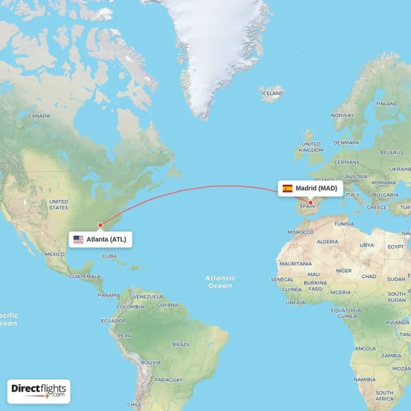 Madrid - Atlanta direct flight map