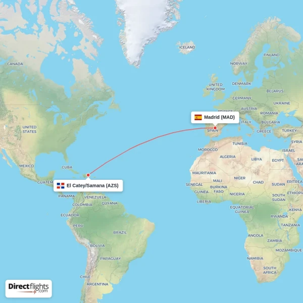 Madrid - El Catey/Samana direct flight map