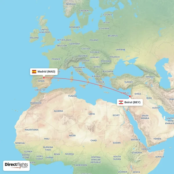 Madrid - Beirut direct flight map