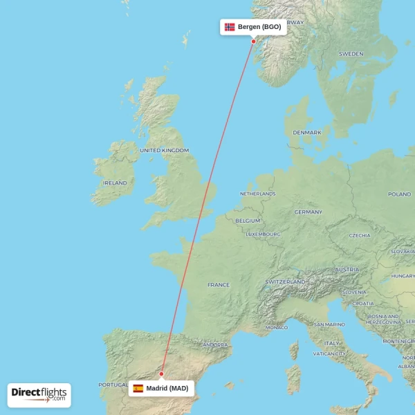 Madrid - Bergen direct flight map