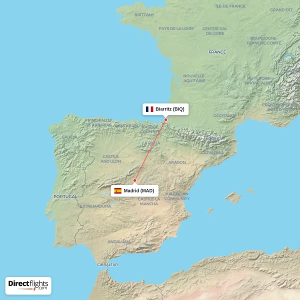 Madrid - Biarritz direct flight map