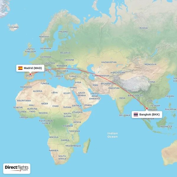 Madrid - Bangkok direct flight map