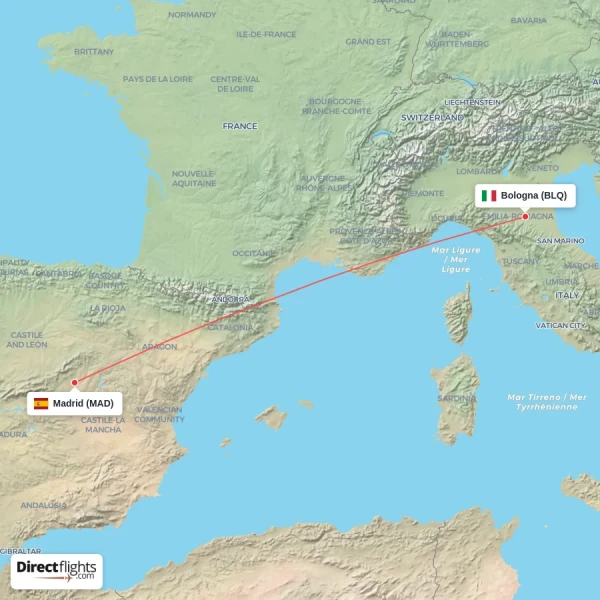 Madrid - Bologna direct flight map