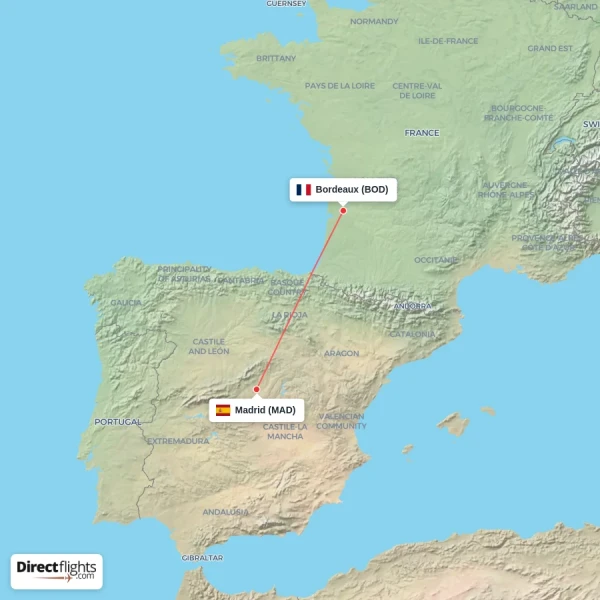 Madrid - Bordeaux direct flight map