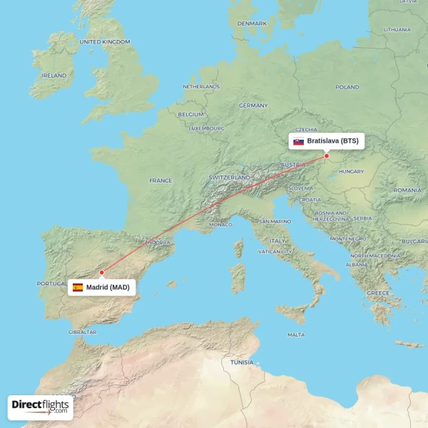 Madrid - Bratislava direct flight map