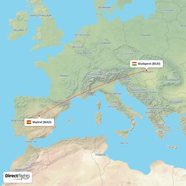 Madrid - Budapest direct flight map