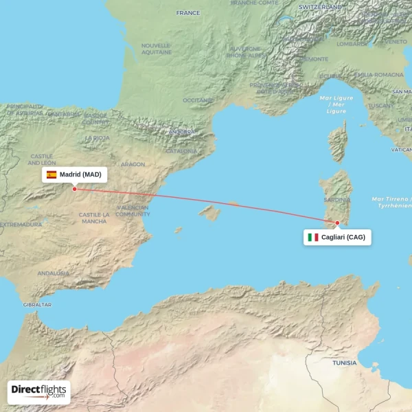 Madrid - Cagliari direct flight map