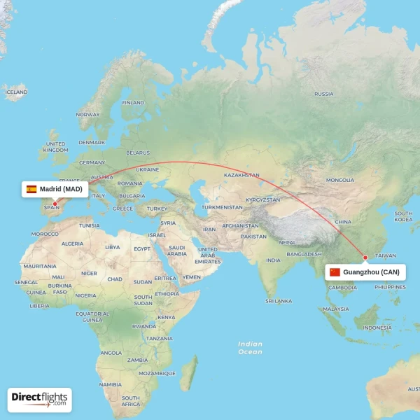 Madrid - Guangzhou direct flight map