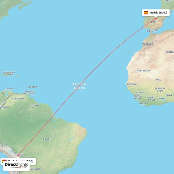 Madrid - Cochabamba direct flight map