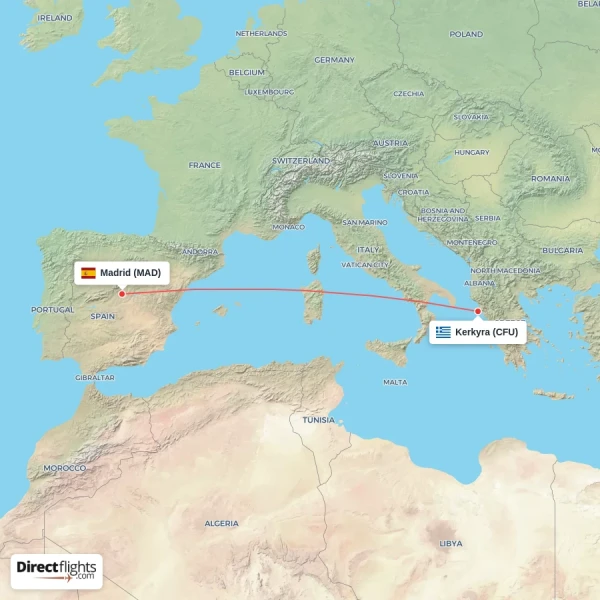 Madrid - Kerkyra direct flight map