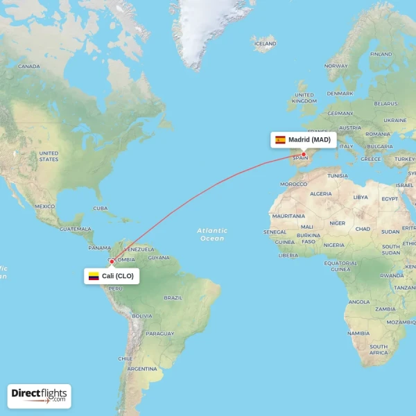Madrid - Cali direct flight map