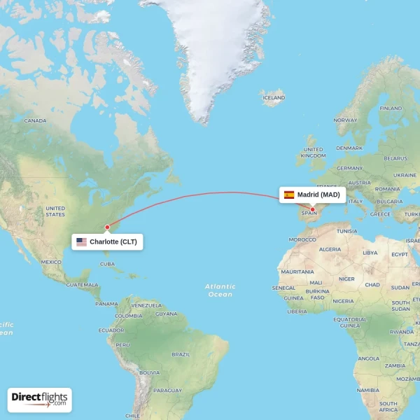 Madrid - Charlotte direct flight map