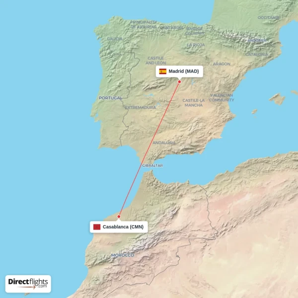 Madrid - Casablanca direct flight map