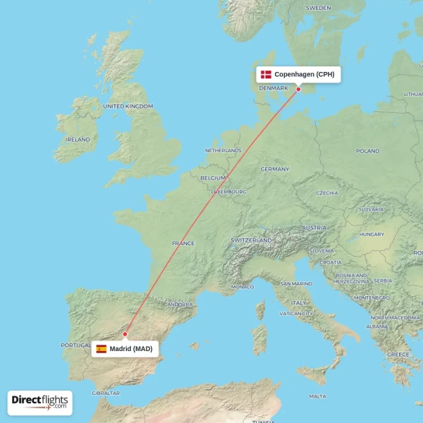 Madrid - Copenhagen direct flight map