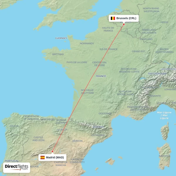Madrid - Brussels direct flight map