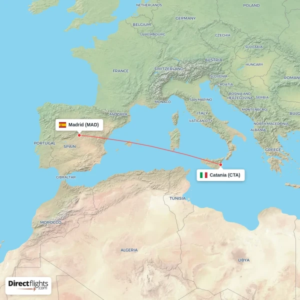 Madrid - Catania direct flight map
