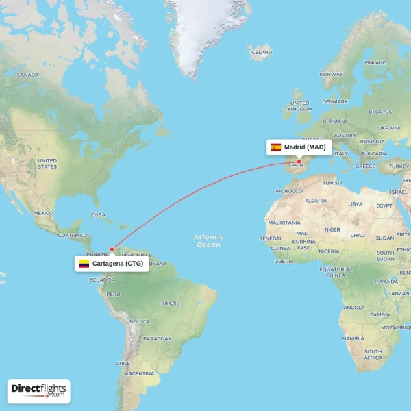 Madrid - Cartagena direct flight map