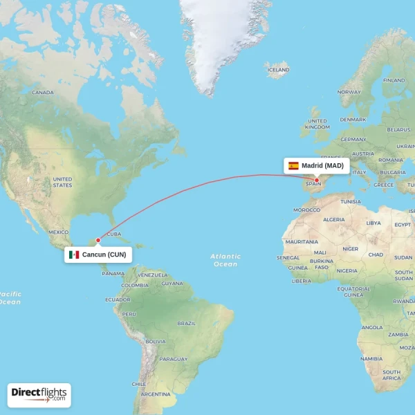 Madrid - Cancun direct flight map
