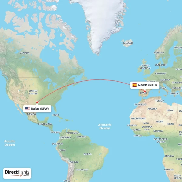 Madrid - Dallas direct flight map