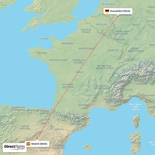 Madrid - Dusseldorf direct flight map
