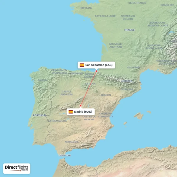 Madrid - San Sebastian direct flight map