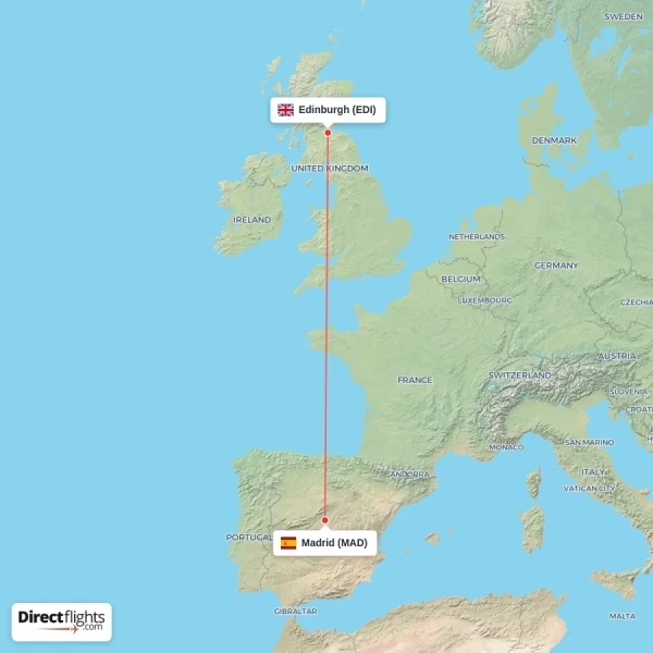 Madrid - Edinburgh direct flight map