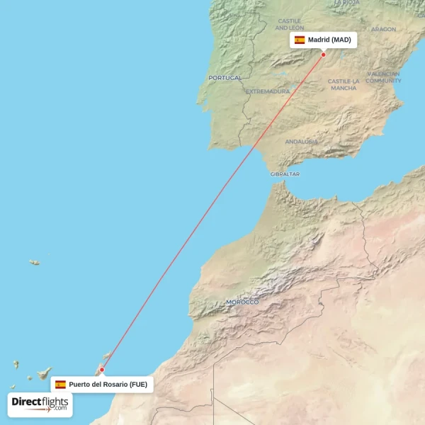 Madrid - Puerto del Rosario direct flight map