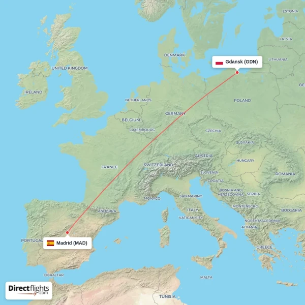 Madrid - Gdansk direct flight map