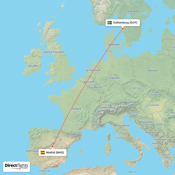 Madrid - Gothenburg direct flight map