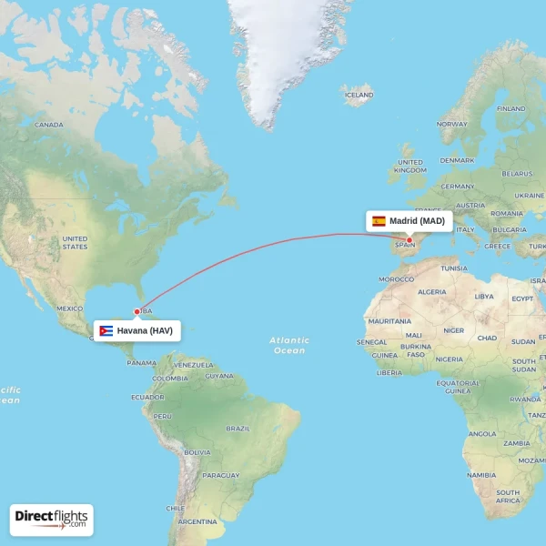 Madrid - Havana direct flight map