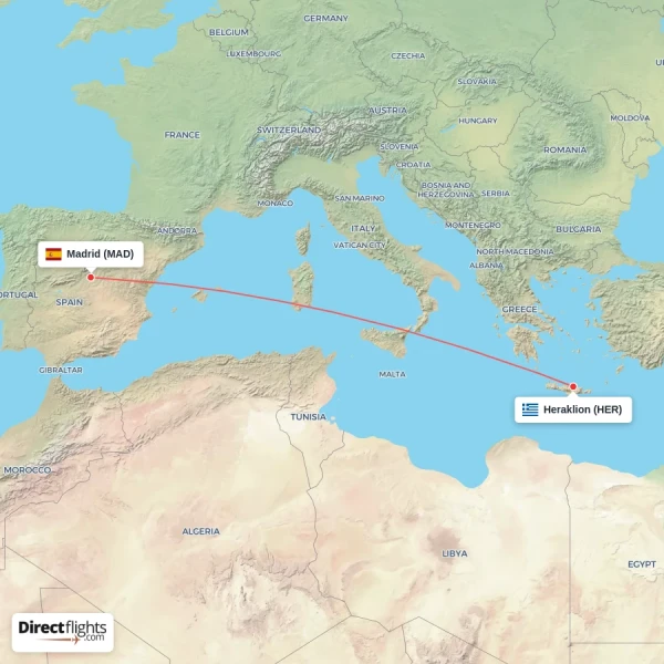 Madrid - Heraklion direct flight map