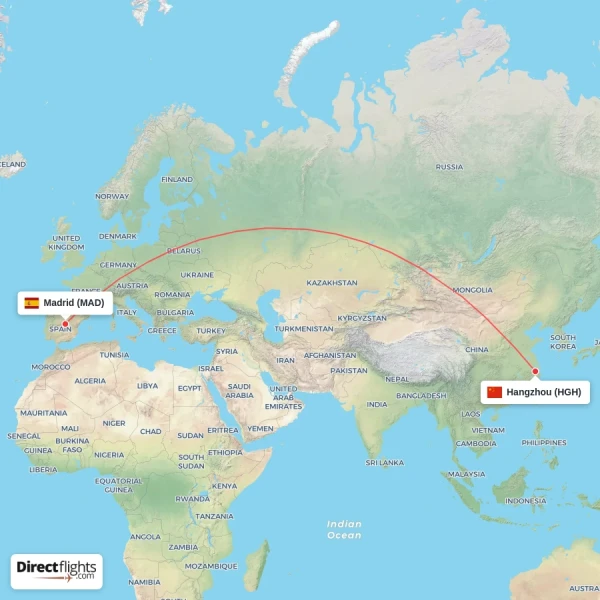 Madrid - Hangzhou direct flight map