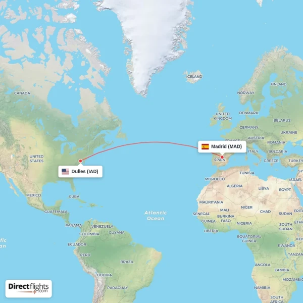 Madrid - Dulles direct flight map
