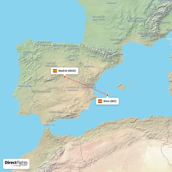 Madrid - Ibiza direct flight map