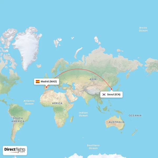 Madrid - Seoul direct flight map