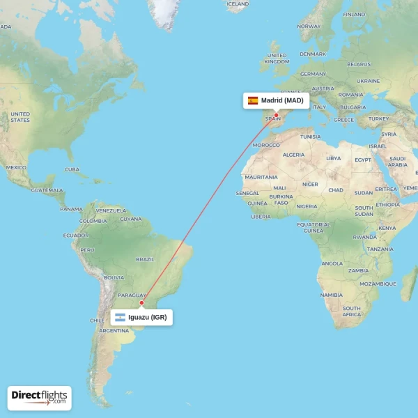 Madrid - Iguazu direct flight map