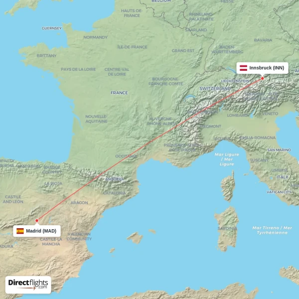 Madrid - Innsbruck direct flight map