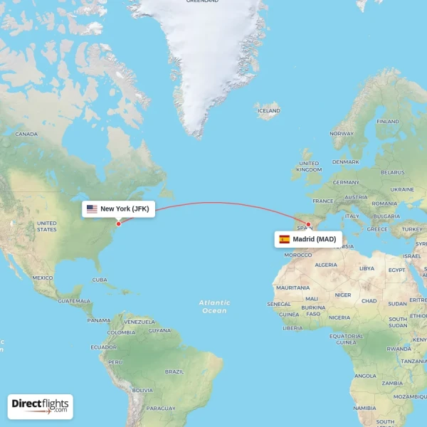 Madrid - New York direct flight map
