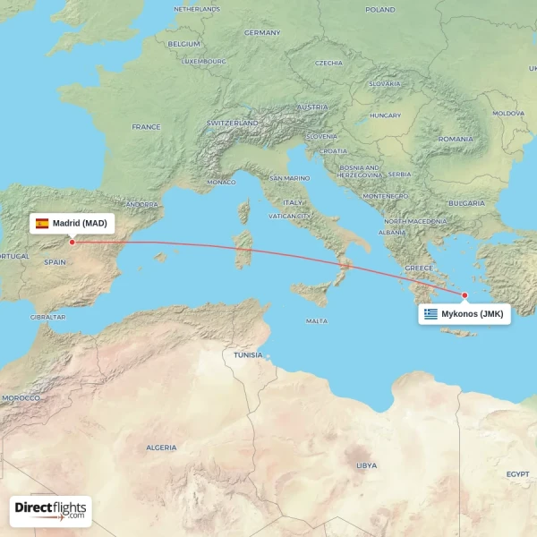 Madrid - Mykonos direct flight map