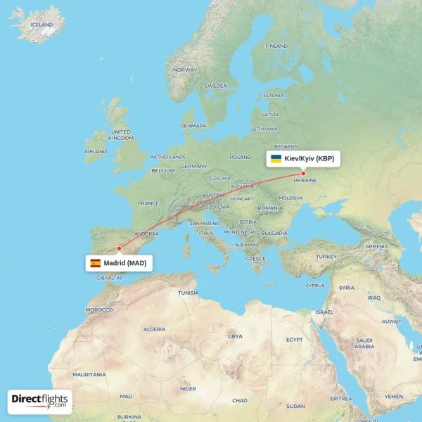 Madrid - Kiev/Kyiv direct flight map