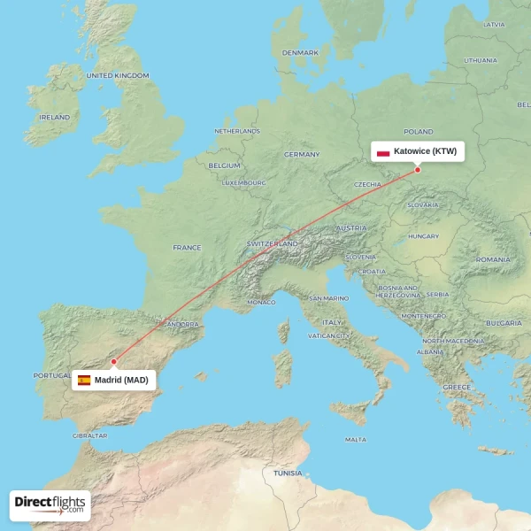Madrid - Katowice direct flight map