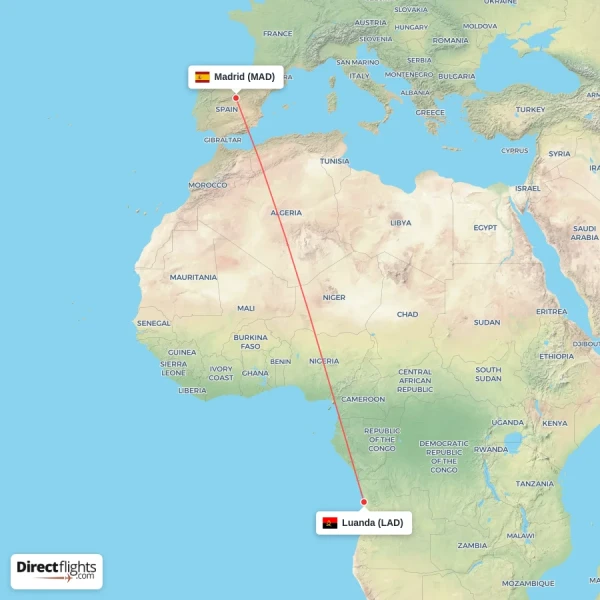 Madrid - Luanda direct flight map